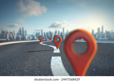 Close-up of a red map pin on the modern road leading to modern big city. 3D Illustration - Powered by Shutterstock