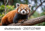 A close-up of a red panda perched on a tree branch