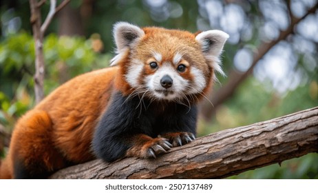 A close-up of a red panda perched on a tree branch