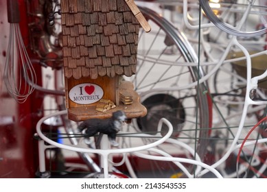 Close-up Of Red Phone Booth Art Installation In Memory Of Founder Of Montreux Jazz Festival At City Of Montreux On A Cloudy Spring Day. Photo Taken April 4th, 2022, Montreux, Switzerland.