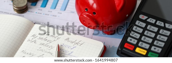 Close-up of red piggy bank terminal and\
notebook with notations. Monthly expenses on rent car food and\
credit. Cash money on desktop. Family budget\
concept