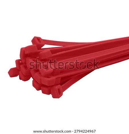Close-up of red plastic cable ties bundled together and isolated on a light background. Strong fastening accessories widely used for cable management, electrical installations, industrial applications, and organization projects