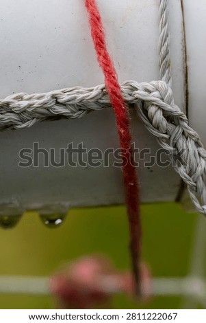Close-up of red thread woven through gray rope on white surface. Water droplets cling to edges, hinting at rain or dew. Soft focus background shows blurred greenery and pink flower