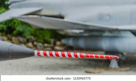 Closeup Of Red And White Pitot-tube On Front Of Jet Aircraft Used For Air Intake To Assist In Determining Airspeed And Altitude Data.