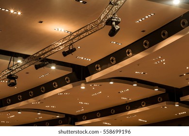 Closeup Of Reflectors And Lighting On Modern Dropped Ceiling In University Hall