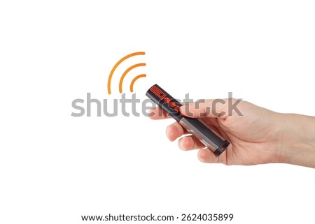 close-up of remote control with red buttons and signal waves, useful for access management companies, smart home technology providers, electronic repair services, universal remote sellers