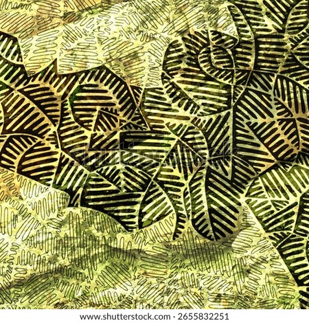 Close-up of a repeating organic leaf-like pattern rendered with overlapping yellow and green contours. The composition features dense linework and a radial arrangement resembling cellular structures