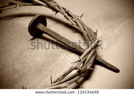 closeup of a representation of the Jesus Christ crown of thorns and nail