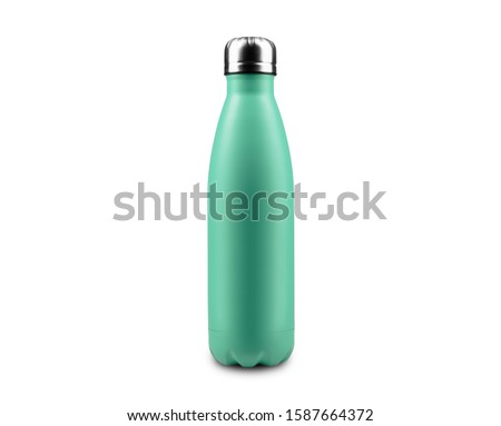 Close-up of reusable, steel thermo eco bottle for water, isolated on white background, color of Aqua Menthe.