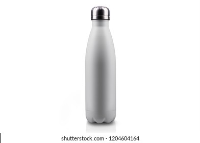 Close-up of reusable, steel thermo water bottle, white matte of color, isolated on white background with copy space. Zero waste. Say no to plastic disposable bottle. Environment concept. - Shutterstock ID 1204604164