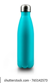 Close-up of reusable, steel thermo water bottle, light blue of color, isolated on white background. Zero waste. Say no to plastic disposable bottle. Environment concept.