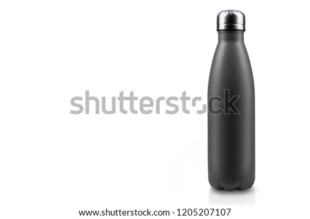 Close-up of reusable, steel thermo water bottle, black matte of color, isolated on white background with copy space. Zero waste. Say no to plastic disposable bottle. Environment concept.