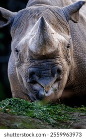 Close-up of a rhinoceros eating grass, showcasing its horn and textured skin in a natural setting.