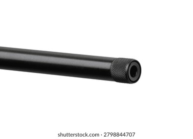 Close-up of a rifle barrel muzzle with a threaded protector isolated on white.
