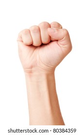 Closeup Of Right Male Hand - Raised Up Clenched Fist, Isolated Over White Background