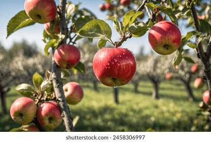 A close-up of ripe red apples, glistening with water droplets, hang from a branch adorned with green leaves. - Powered by Shutterstock