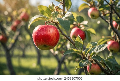 A close-up of ripe red apples, glistening with water droplets, hang from a branch adorned with green leaves. - Powered by Shutterstock