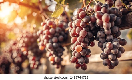 A close-up of ripe red and purple grapes hanging from a vine in the warm sunlight. - Powered by Shutterstock