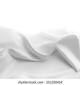 Closeup of rippled white silk fabric. Copy space
