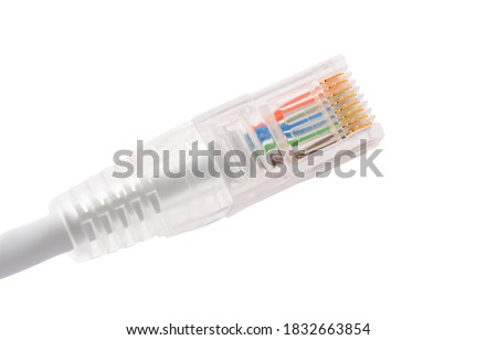 Closeup of rj45 connector of patch cable for LAN connection isolated over white background.