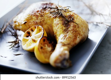 Closeup Of Roast Chicken And Oven Potatoes