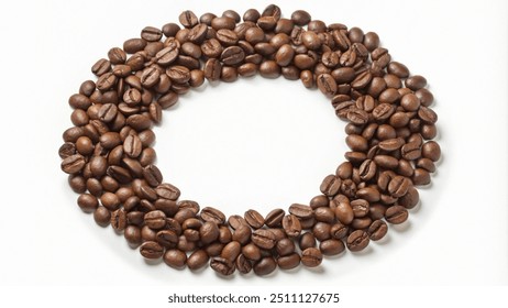 A close-up of roasted coffee beans arranged in a circular shape on a white background. - Powered by Shutterstock