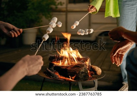 Closeup roasted marshmallows on skewers over open camping bonfire