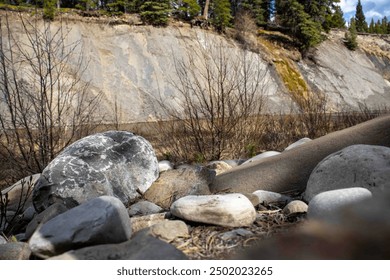 Close-up of rocks in front of a serene river flowing through a rocky landscape, with a steep cliff and green pine trees towering in the background. - Powered by Shutterstock