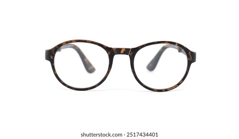 Close-up of round tortoiseshell eyeglasses, perfect for showcasing eyewear style. Simple and elegant design on a white background, focusing on fashion and vision concepts. - Powered by Shutterstock