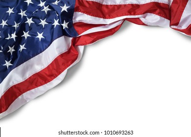 Closeup Ruffled American Flag Isolated On White Background