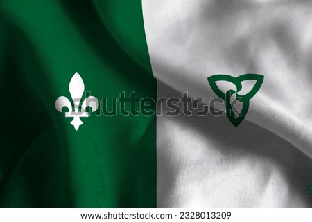 Close-up of a Ruffled Franco-Ontarian Flag, Franco-Ontarian Fabric Flag Waving in the Wind