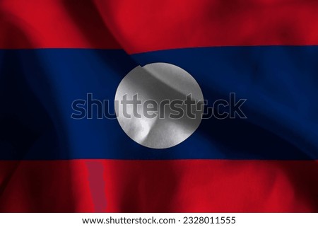 Close-up of a Ruffled Laos Flag, Laos Fabric Flag Waving in the Wind