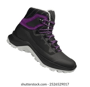 Close-up of a rugged winter hiking boot featuring black and purple colors, fur lining, and sturdy laces, designed for outdoor adventures in cold weather. Isolated on white background. - Powered by Shutterstock