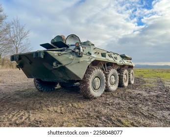 close-up of a Russian Soviet BTR80 BTR-80 8-wheeled amphibious armoured personnel carrier