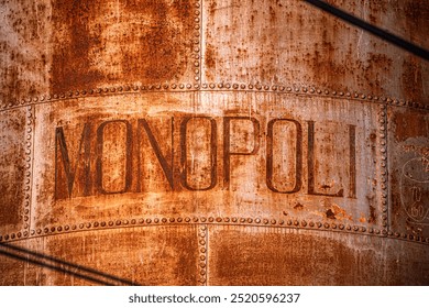 Close-up of rusted metal featuring the word 'MONOPOLI'. The image highlights the texture and color variations of aging metal, ideal for industrial themes, urban decay, or artistic projects. - Powered by Shutterstock