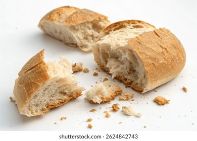 Close-up of rustic bread torn into pieces on a white background. Crispy crust, soft airy texture, and scattered crumbs. Ideal for bakery, food styling, or culinary design concepts.
