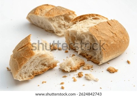 Close-up of rustic bread torn into pieces on a white background. Crispy crust, soft airy texture, and scattered crumbs. Ideal for bakery, food styling, or culinary design concepts.