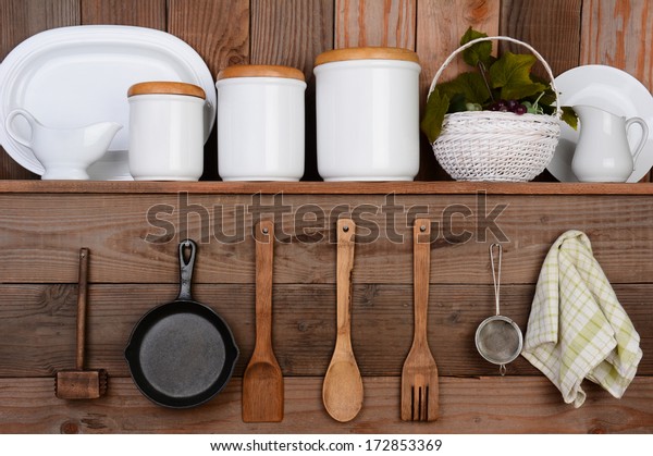 Closeup Rustic Kitchen Wall One Shelf Stock Photo Edit Now 172853369
