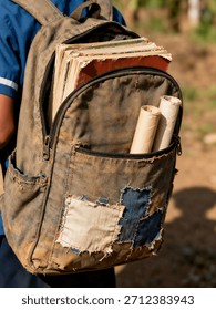 Close-up of a rustic, patched canvas backpack filled with worn, tattered books on the back of a rural student.