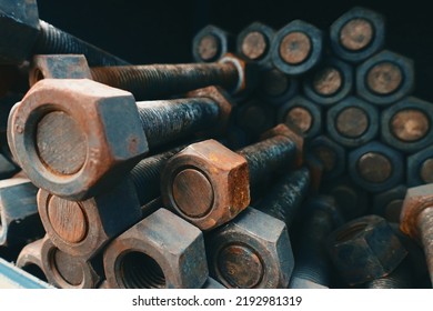 Closeup Rusty Bolts And Nuts In Organized Array Pattern, Arranged In Layers, Retro Industrial Concept, Industrial Background