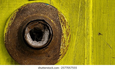Close-up of a rusty circular object mounted on a bright yellow wooden surface. The contrast between the vibrant yellow and the texture of rust highlights the beauty of decay.