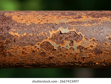Close-up of a rusty corroded pipe with peeling surface and rough textures. Perfect for industrial, vintage, and grunge design backgrounds