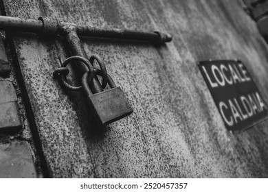 A closeup of a rusty padlock on a metal bar, highlighting textures of decay and aged materials in black and white. - Powered by Shutterstock