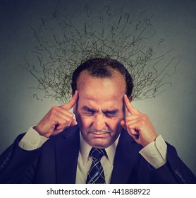 Closeup sad worried middle aged man with stressed face expression and brain melting into lines question marks. Obsessive compulsive, adhd, anxiety disorders concept  - Shutterstock ID 441888922