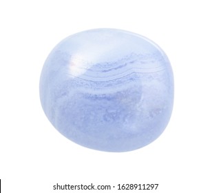 closeup of sample of natural mineral from geological collection - polished blue lace agate (Chalcedony) gemstone isolated on white background