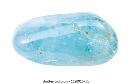 closeup of sample of natural mineral from geological collection - tumbled Aquamarine (blue Beryl) gem stone isolated on white background - Shutterstock ID 1628916751