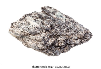 Closeup Of Sample Of Natural Mineral From Geological Collection - Raw Quartz Biotite Slate Rock Isolated On White Background