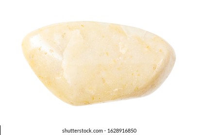 closeup of sample of natural mineral from geological collection - polished yellow agate gemstone isolated on white background