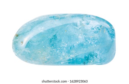 closeup of sample of natural mineral from geological collection - tumbled Aquamarine (blue Beryl) gem isolated on white background - Shutterstock ID 1628923063