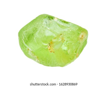 closeup of sample of natural mineral from geological collection - rough Olivine (Peridot, Chrysolite) crystal isolated on white background